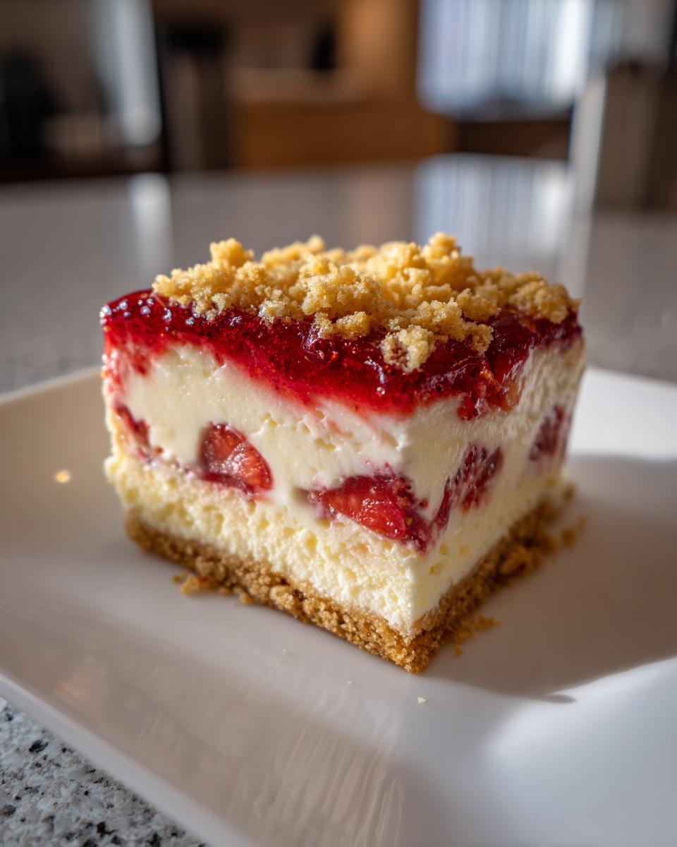 A square slice of strawberry shortcake cheesecake featuring a graham cracker crust, creamy filling with strawberries, and a strawberry glaze topped with crumble.