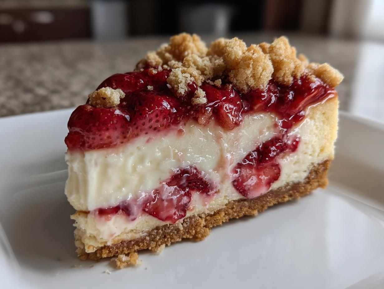 A close-up of a rich slice of strawberry shortcake cheesecake featuring a graham cracker crust, creamy filling, and strawberry topping.