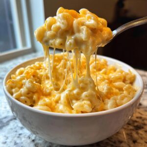 A spoonful of creamy, cheesy rice is lifted from a white bowl, showing long, gooey cheese strings stretching down.