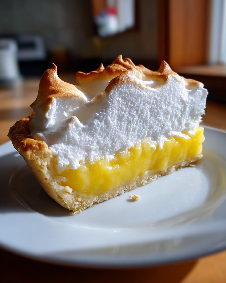 A close-up slice of lemon meringue pie showing bright yellow filling, flaky crust, and tall, torched meringue peaks.