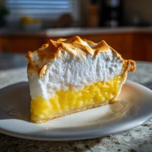 A tall slice of bright yellow lemon meringue pie with perfectly toasted peaks on the white meringue.