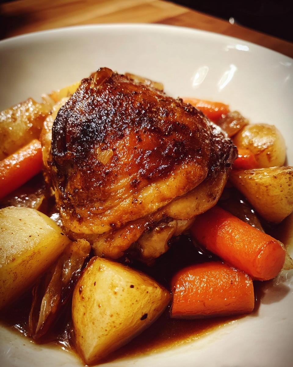 A close-up of a succulent braised chicken thigh with crispy skin served over potatoes and carrots in rich brown sauce.