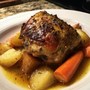 A close-up of one perfectly braised chicken thigh served over potatoes and carrots in a savory sauce.