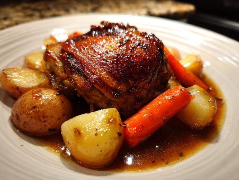Close-up of a succulent braised chicken thighs served with roasted potatoes and carrots in rich brown sauce.