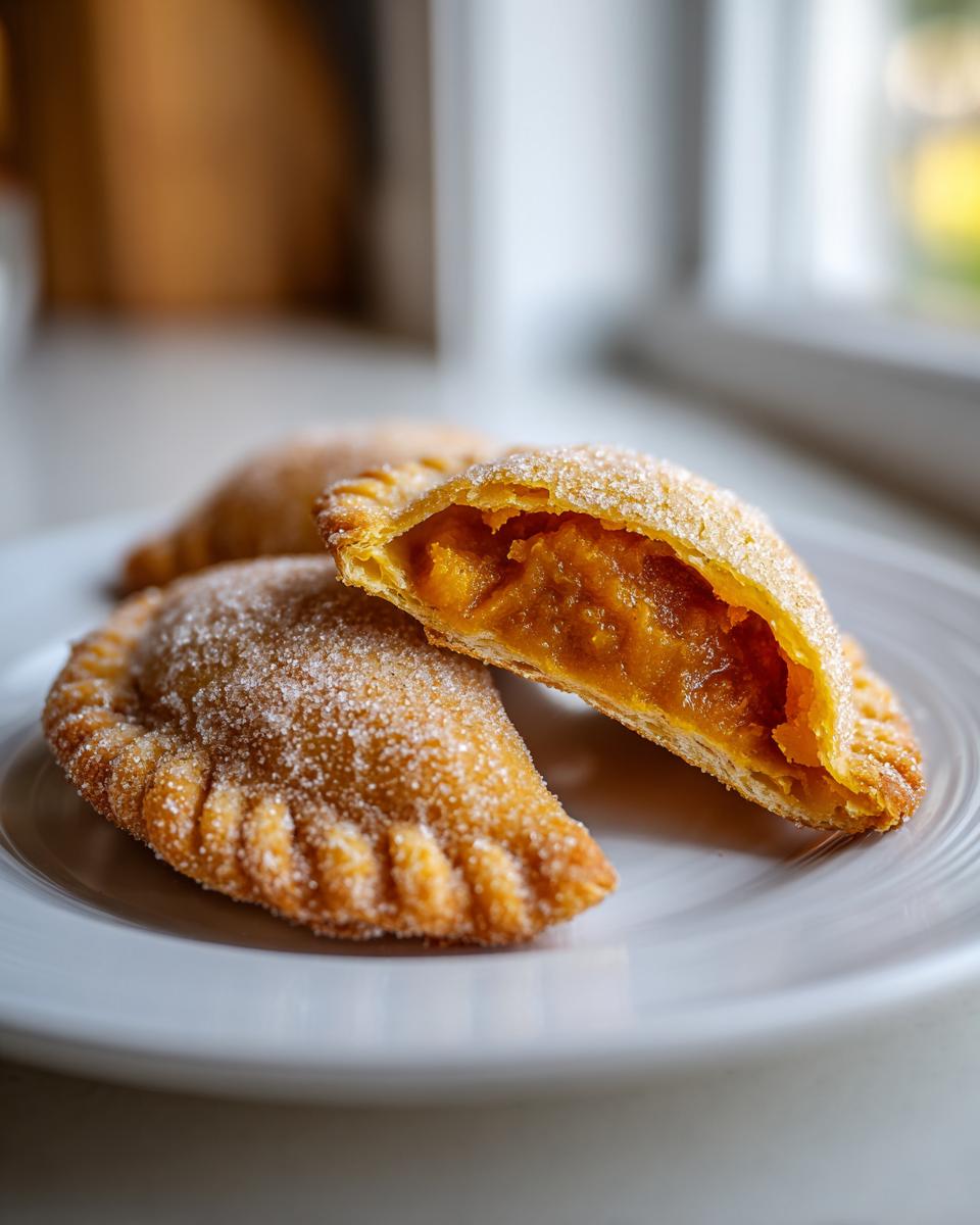Close-up of flaky, sugared pumpkin empanadas on a white plate, one cut open revealing the rich pumpkin filling.