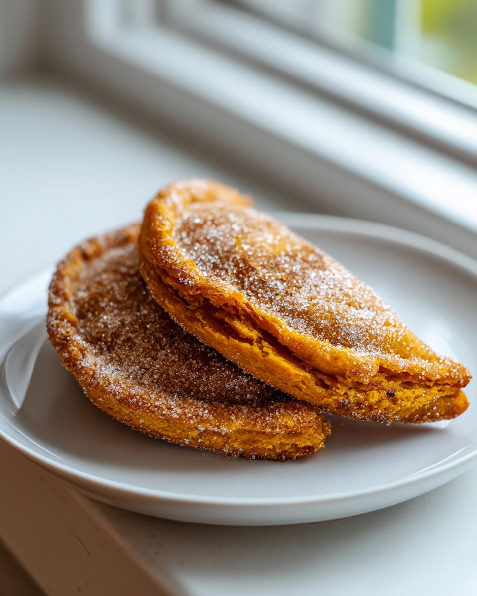 Two golden brown pumpkin empanadas dusted heavily with cinnamon sugar resting on a white plate near a window.