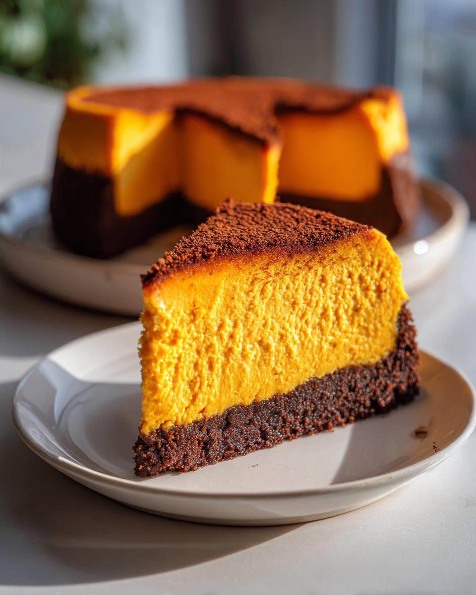 A close-up slice of vibrant orange sweet potato cheesecake on a white plate, featuring a dark chocolate crust and cocoa dusting.
