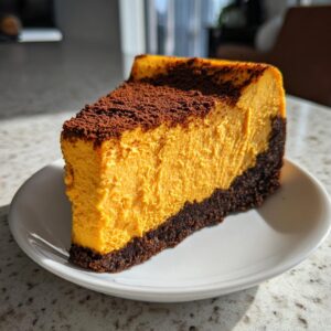 A thick slice of vibrant orange sweet potato cheesecake with a dark chocolate crust, dusted with cocoa.