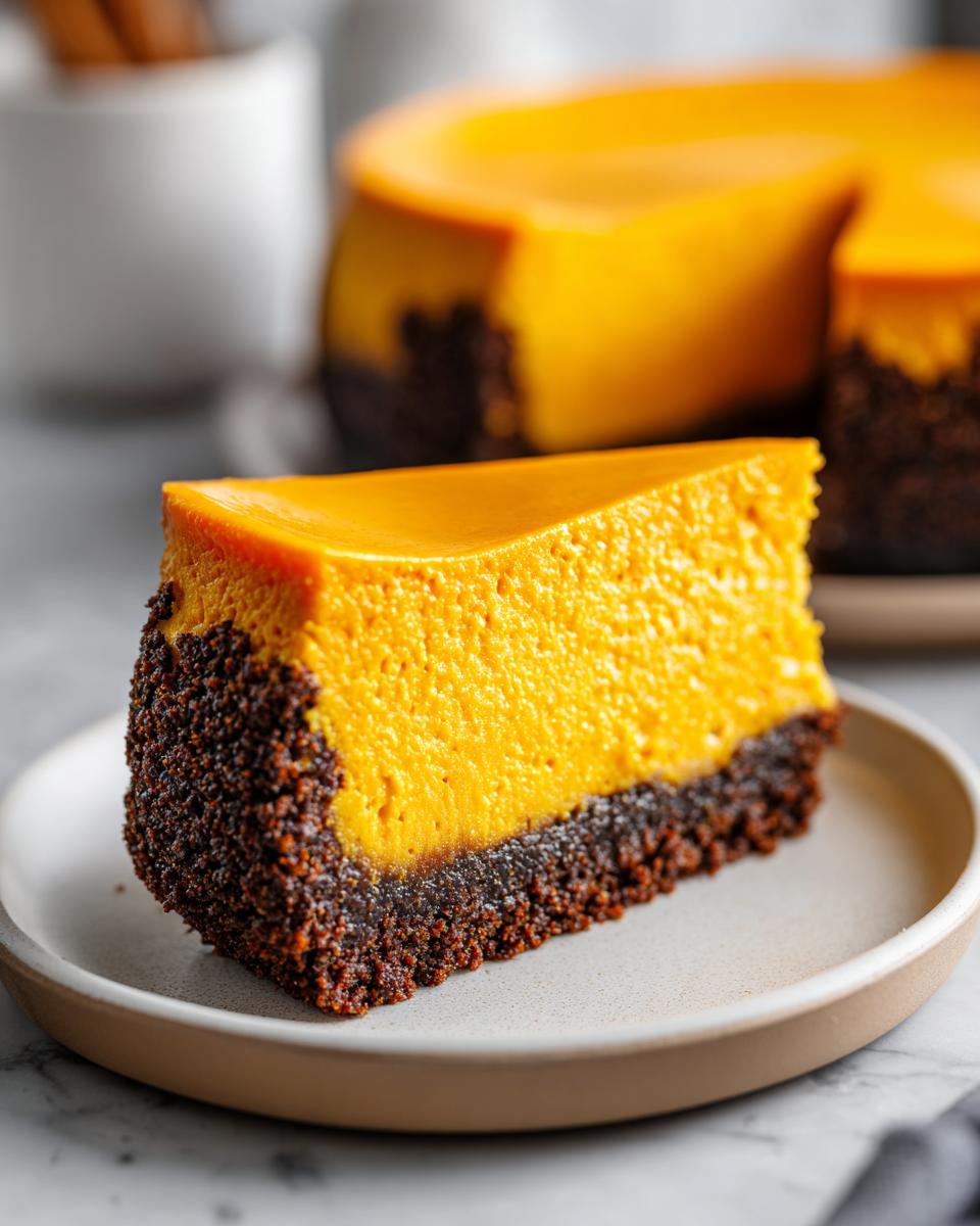 A close-up slice of vibrant orange sweet potato cheesecake resting on a plate, featuring a thick, dark chocolate crust.