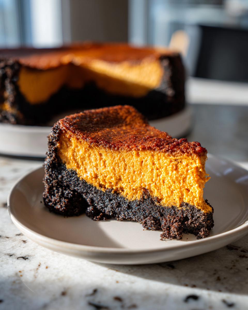 A thick slice of bright orange sweet potato cheesecake with a dark chocolate crust on a small plate.