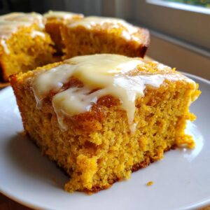 Close-up of a square slice of vibrant orange sweet potato cornbread topped with a thick, melting vanilla glaze.