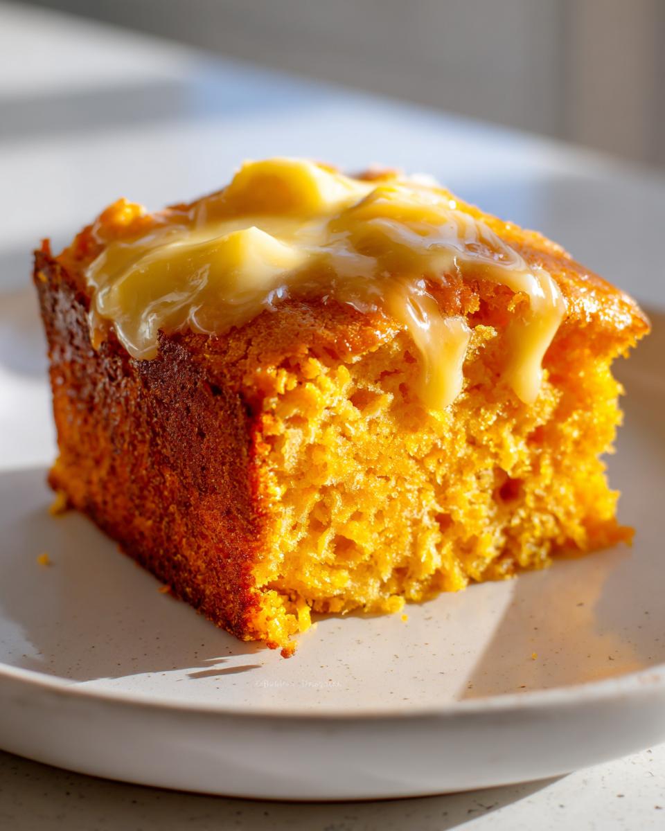 A close-up of a moist slice of bright orange sweet potato cornbread topped with melting honey butter.