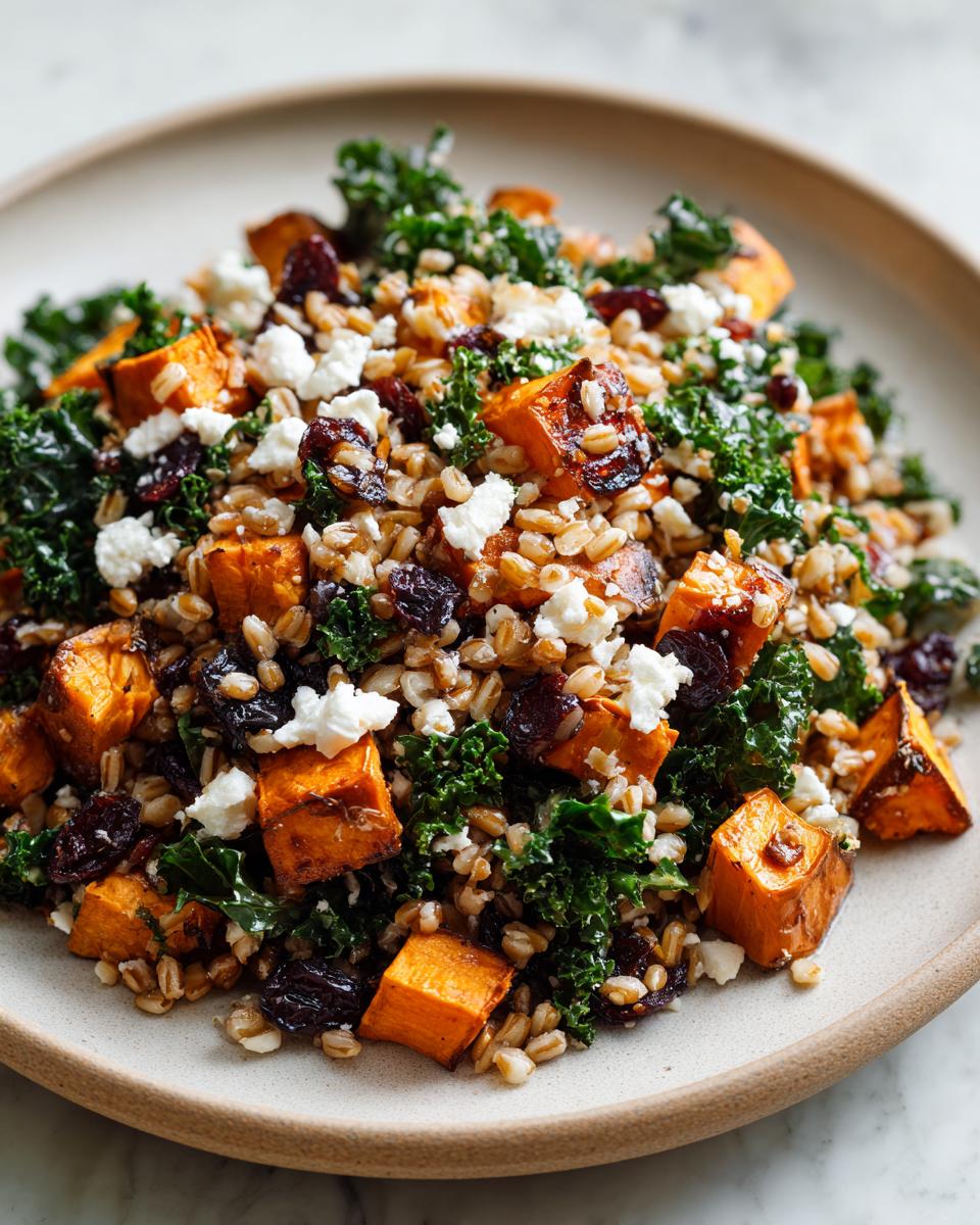 A close-up of a vibrant farro salad featuring roasted sweet potatoes, kale, dried cranberries, and crumbled feta cheese.