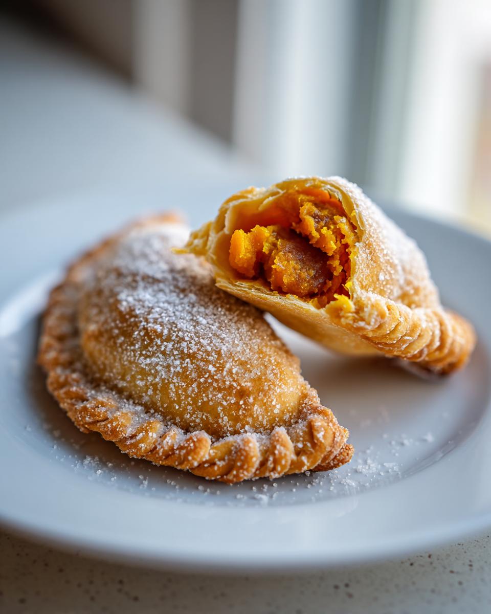 Two golden-brown pumpkin empanadas dusted with sugar, one cut open to show the orange pumpkin filling.
