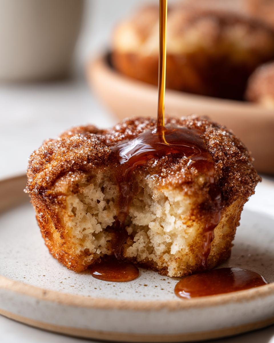Close-up of a french toast muffin with a bite taken out, being drizzled with maple syrup.