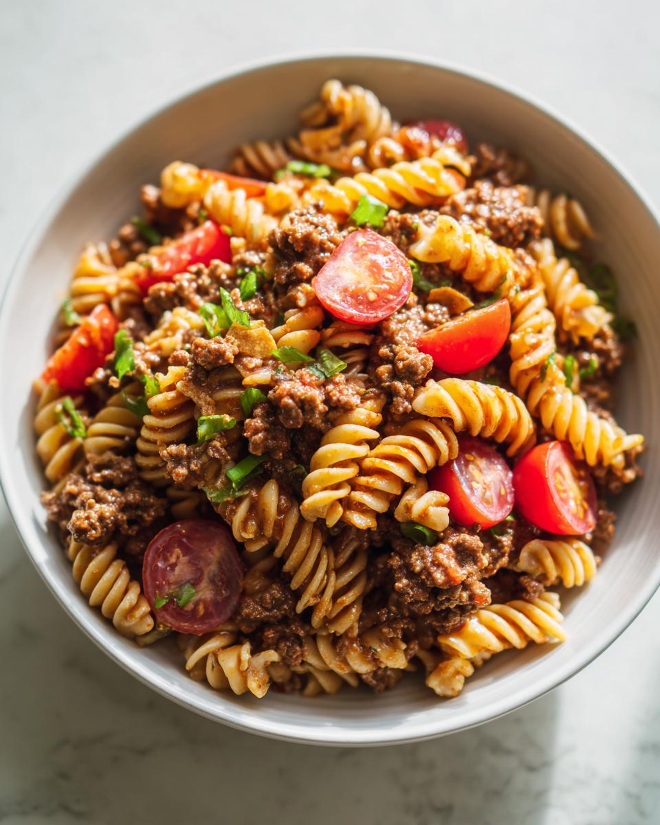 A close-up bowl of taco pasta salad featuring rotini pasta, seasoned ground beef, and halved cherry tomatoes.