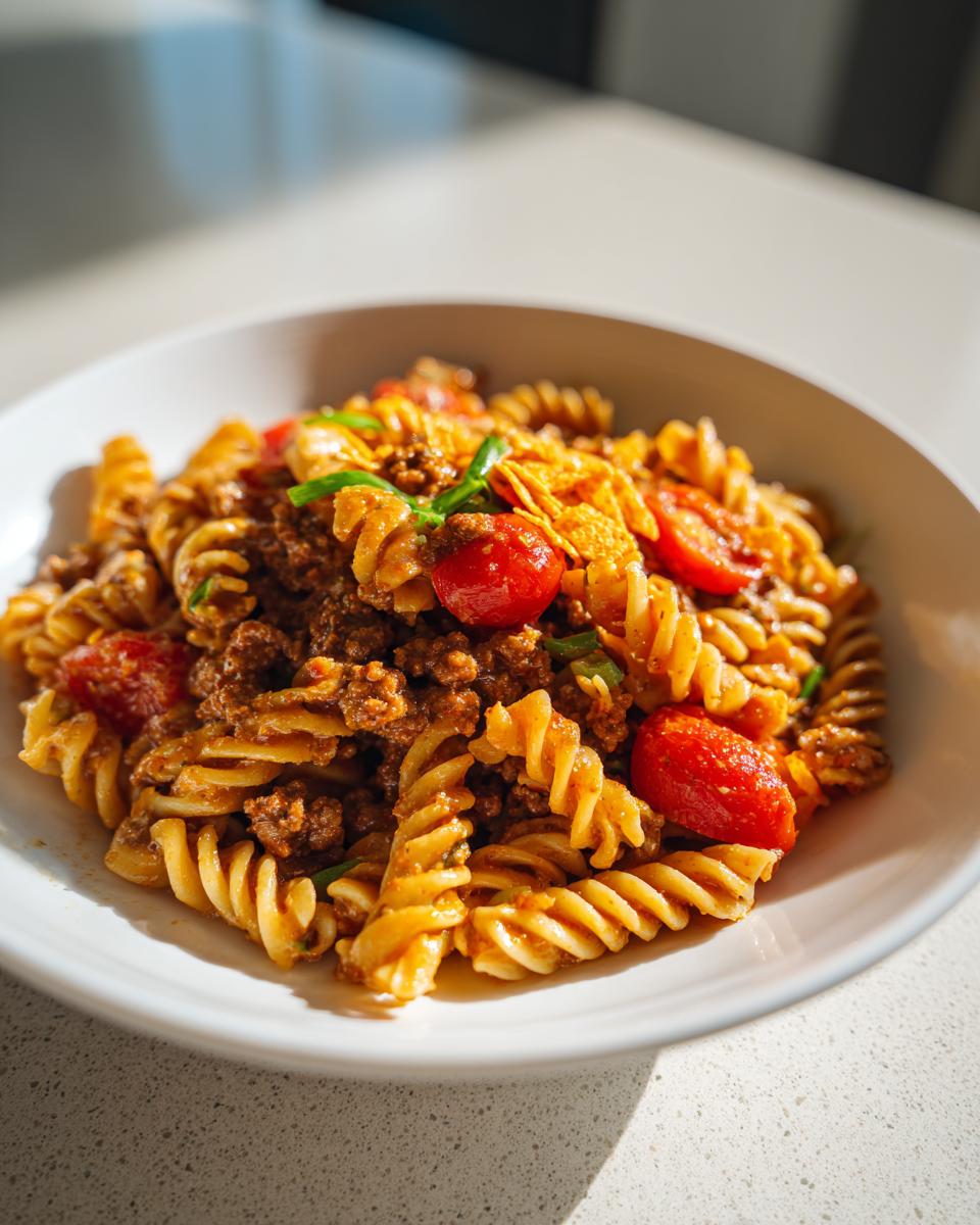 Close-up of a serving of taco pasta salad featuring rotini pasta, seasoned ground meat, and cherry tomatoes in a white bowl.