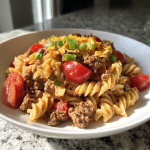 A close-up of a bowl filled with creamy taco pasta salad, ground beef, tomatoes, and topped with crushed chips and green onions.