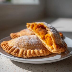 Two golden brown pumpkin empanadas dusted with sugar, one cut open to show the vibrant orange pumpkin filling.
