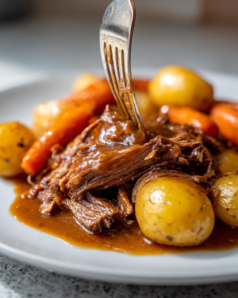 Close-up of tender shredded pot roast being pulled apart by a fork, served with small potatoes and carrots in rich gravy.