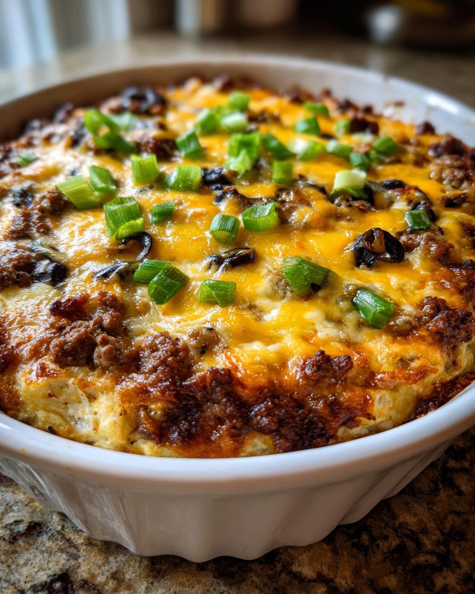 Close-up of hot, bubbly Texas Trash Dip topped with melted cheddar cheese, ground meat, and chopped green onions.