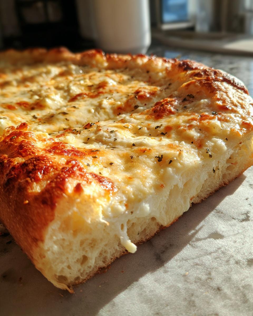 Close-up of a thick crust white pizza slice showing gooey cheese pull and golden-brown edges.