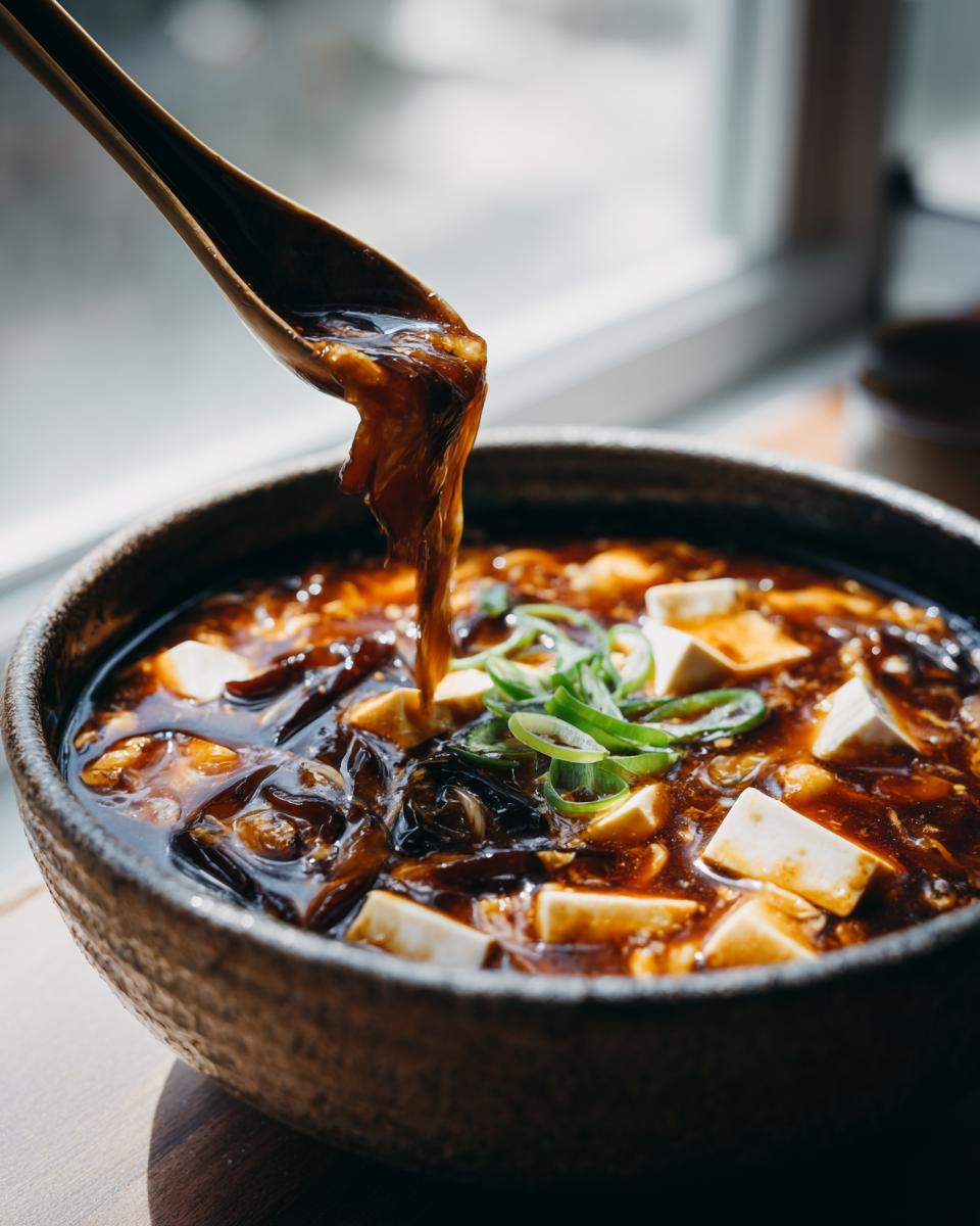 A wooden spoon pours thick, dark broth into a bowl of hot and sour soup recipe with tofu and green onions.