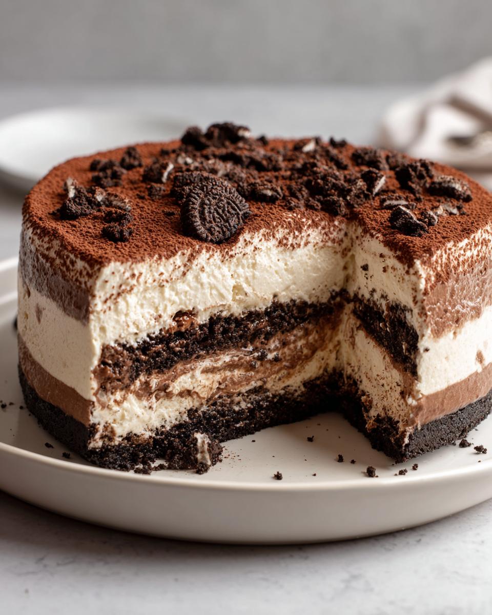 A decadent tiramisu cheesecake with layers of cream and chocolate, topped with cocoa powder and crushed cookies.