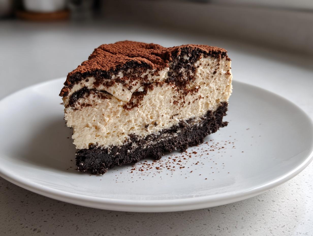 A rich slice of tiramisu cheesecake featuring a dark chocolate crust, creamy filling, and cocoa powder dusting.