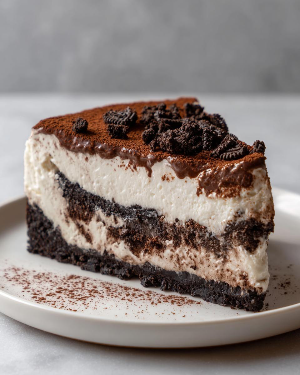 A decadent slice of tiramisu cheesecake featuring layers of dark crust, creamy filling, and cocoa powder, topped with crushed cookies.