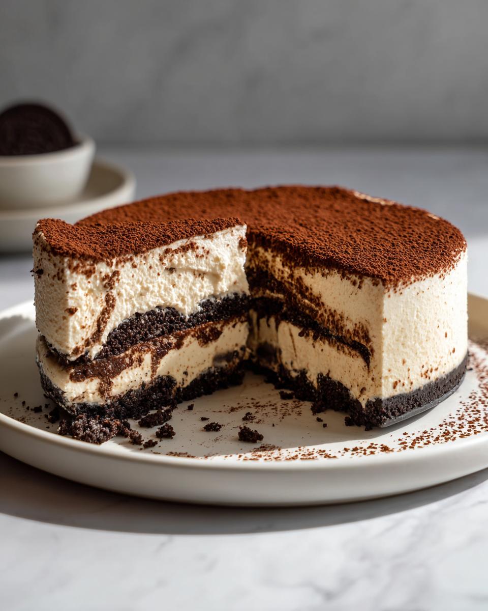 A round tiramisu cheesecake with a slice removed, showing creamy layers and a dark cookie crust, dusted heavily with cocoa powder.