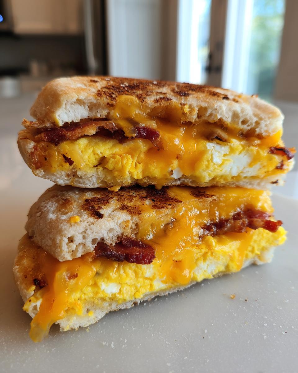Close-up of a toasted english muffin breakfast sandwich cut in half, showing melted cheddar cheese, scrambled eggs, and bacon.