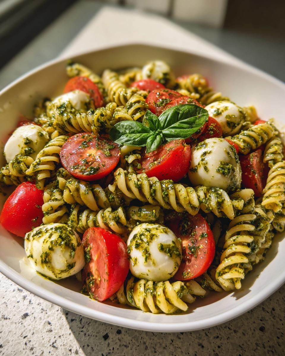 Close-up of a bowl filled with caprese pasta salad featuring fusilli, cherry tomatoes, mozzarella balls, and pesto.