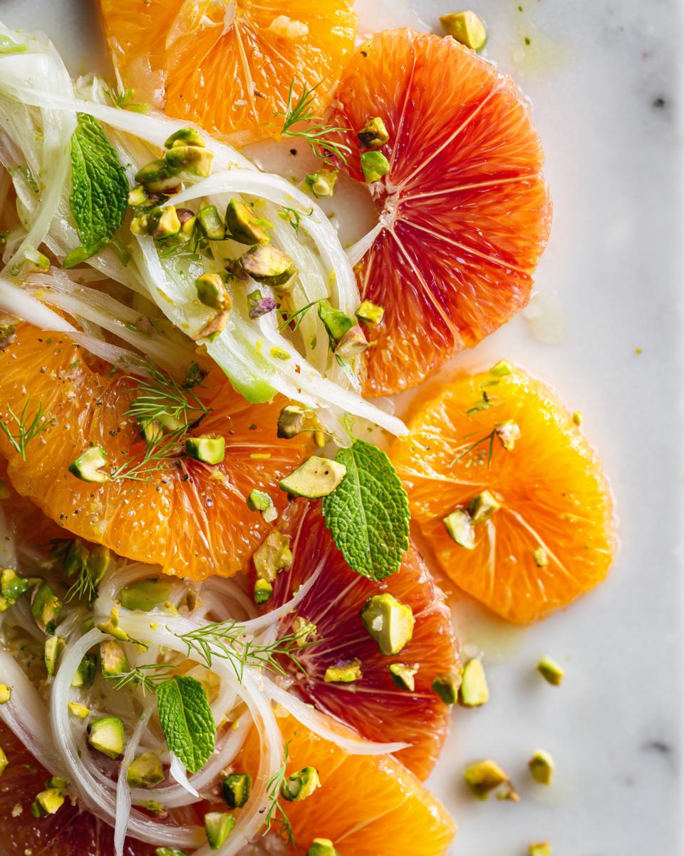 Close-up of a vibrant citrus salad featuring blood orange slices, shaved fennel, mint, and chopped pistachios.