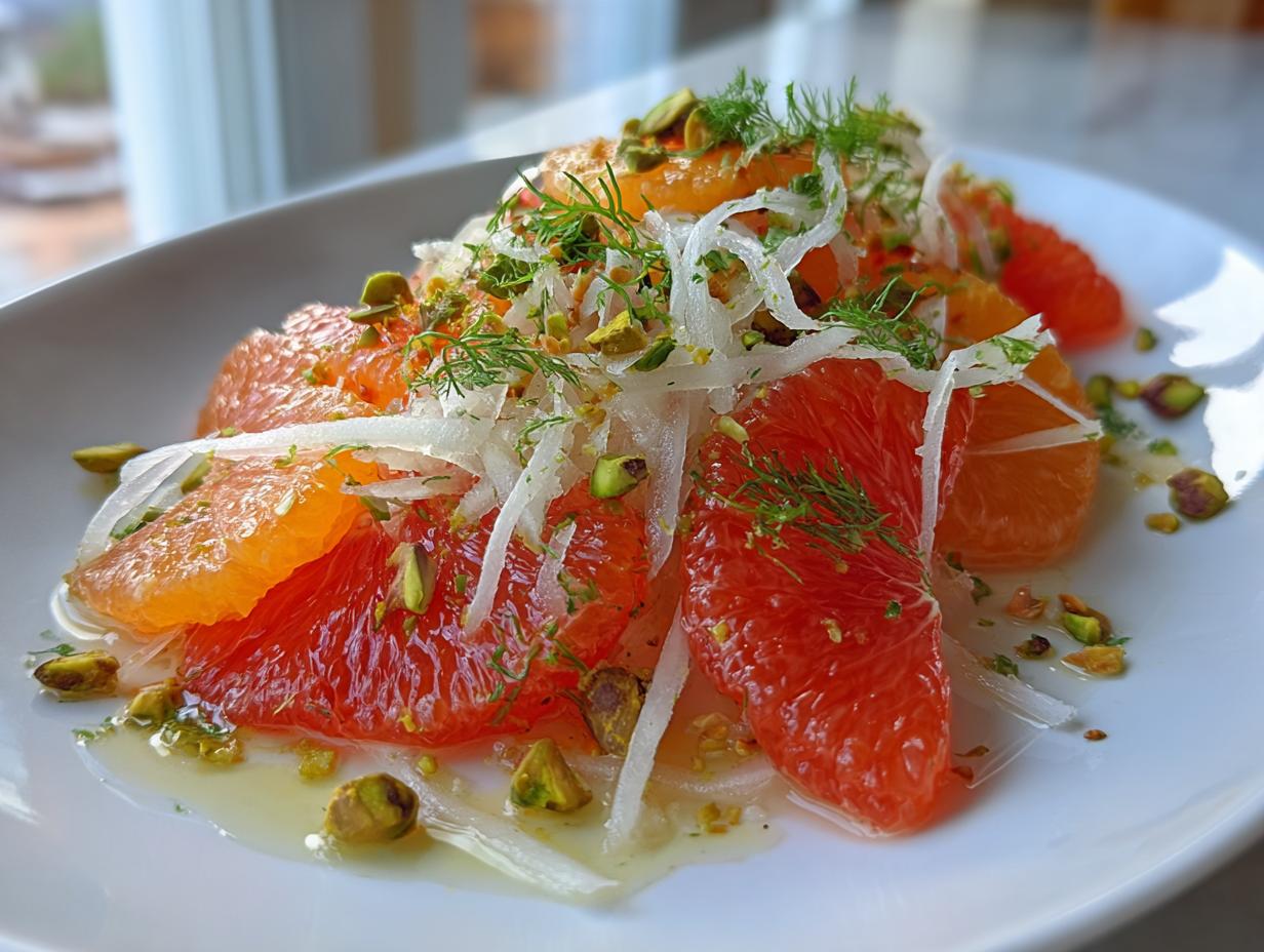 Close-up of a vibrant citrus salad featuring bright pink grapefruit segments, shaved fennel, and chopped pistachios.