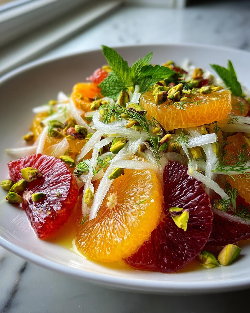 Close-up of a bright citrus salad featuring blood orange and navel orange slices, shaved fennel, pistachios, and mint.