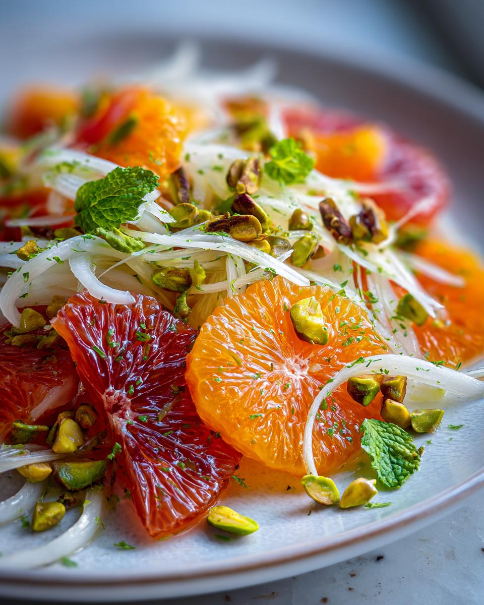Close-up of a gourmet citrus salad featuring blood orange and navel orange slices, shaved fennel, pistachios, and mint.