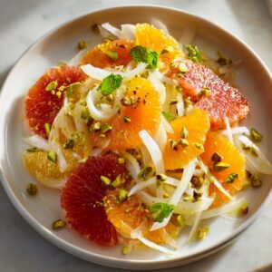 Close-up of a vibrant citrus salad featuring segments of blood orange and navel orange, thinly sliced fennel, and chopped pistachios.