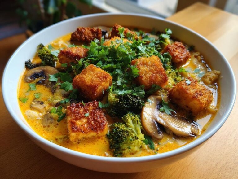 A vibrant bowl of creamy coconut curry soup topped with crispy tofu cubes, broccoli, mushrooms, and fresh cilantro.
