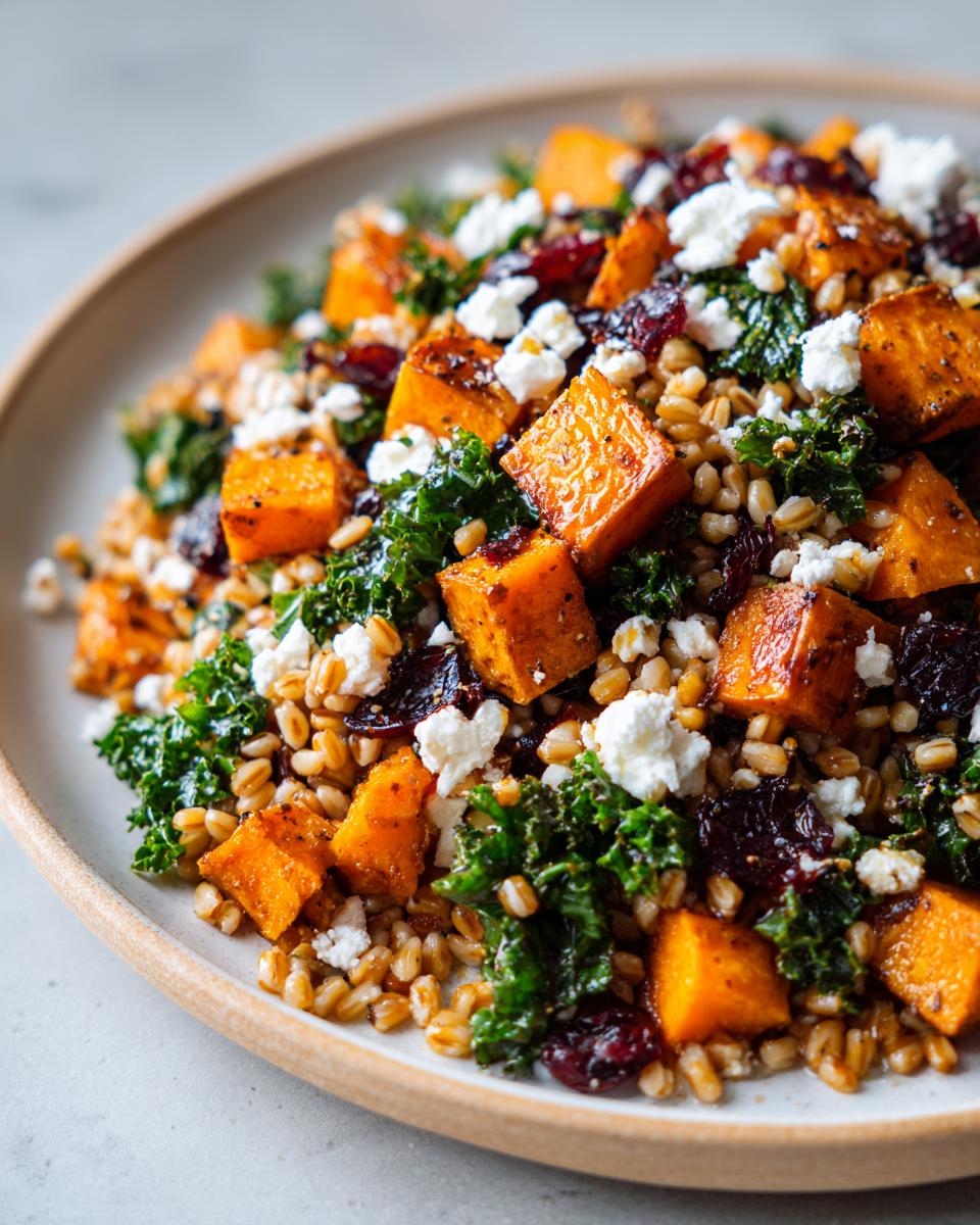 Close-up of a vibrant farro salad featuring roasted orange squash cubes, dark green kale, dried cranberries, and crumbled white feta cheese.