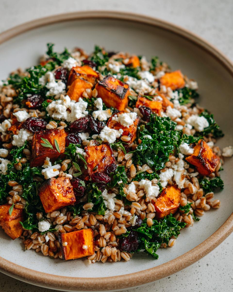 Close-up of a vibrant farro salad featuring roasted sweet potatoes, kale, dried cranberries, and crumbled feta cheese.