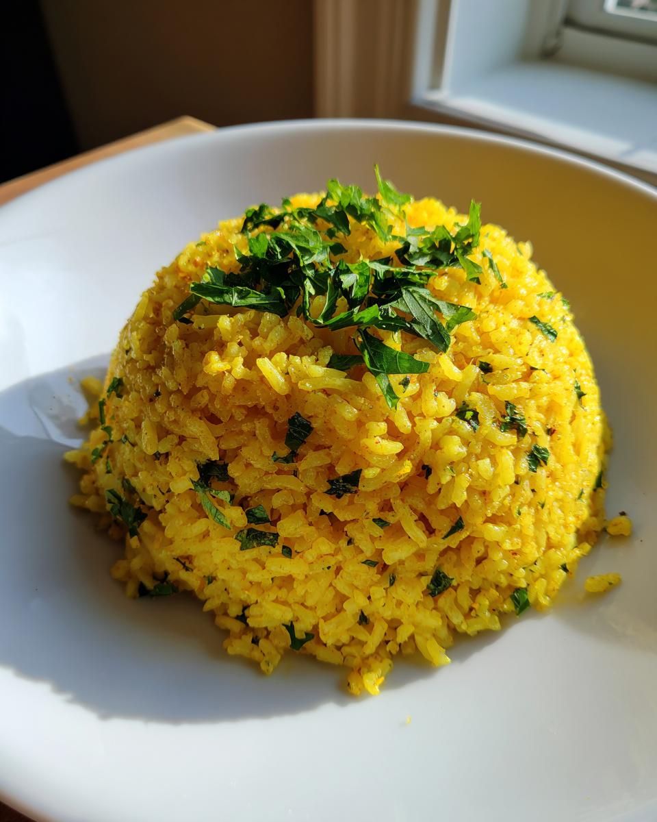 A mound of vibrant yellow mediterranean rice topped generously with fresh chopped parsley, served in a white bowl.