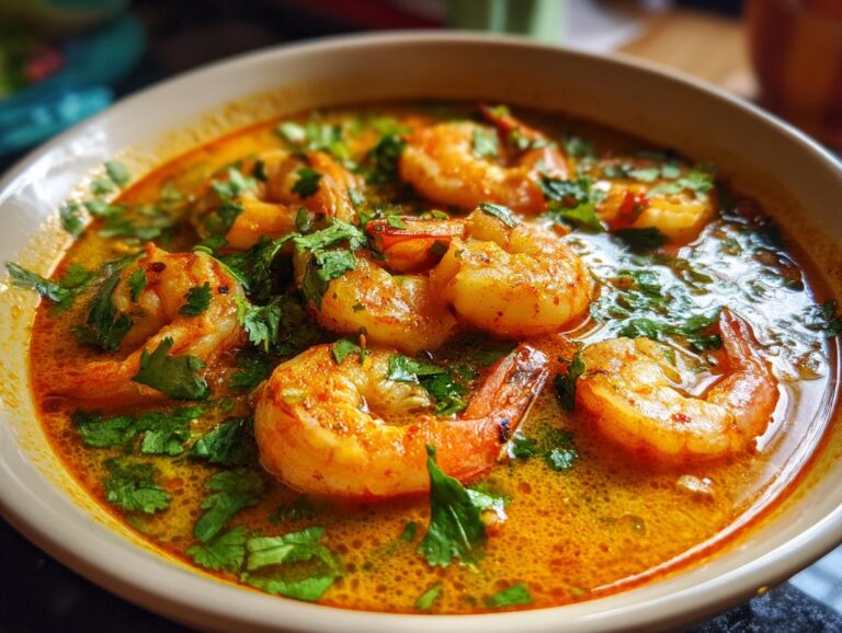 Close-up of a bowl of rich, orange-hued tom yum soup filled with large, perfectly cooked shrimp and fresh cilantro.