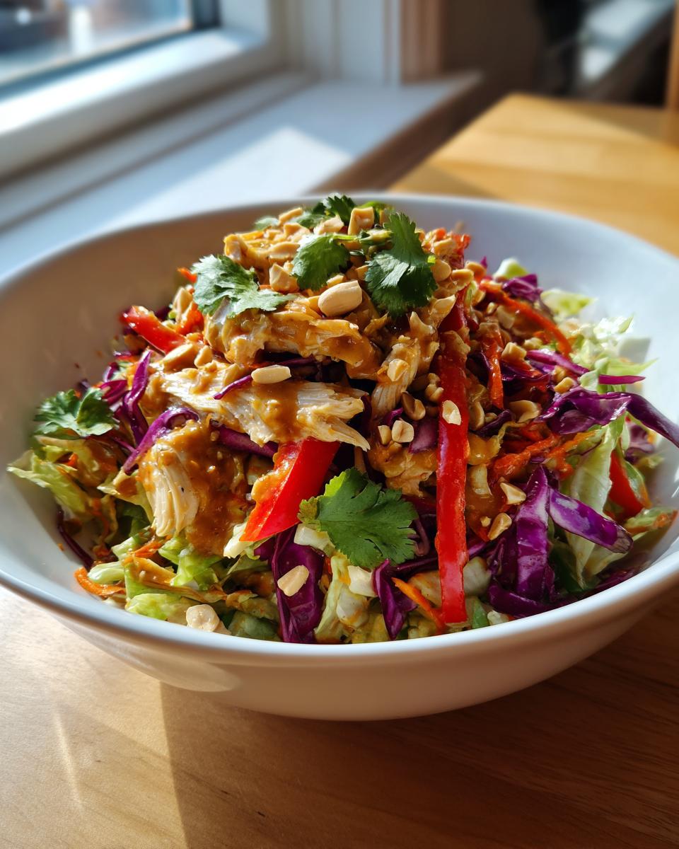 A close-up of a vibrant thai chicken salad topped with peanut dressing, crushed peanuts, and cilantro.