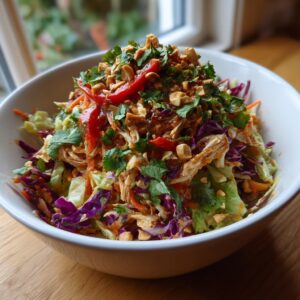 Close-up of a colorful thai chicken salad featuring shredded chicken, cabbage, carrots, red pepper, and crushed peanuts.
