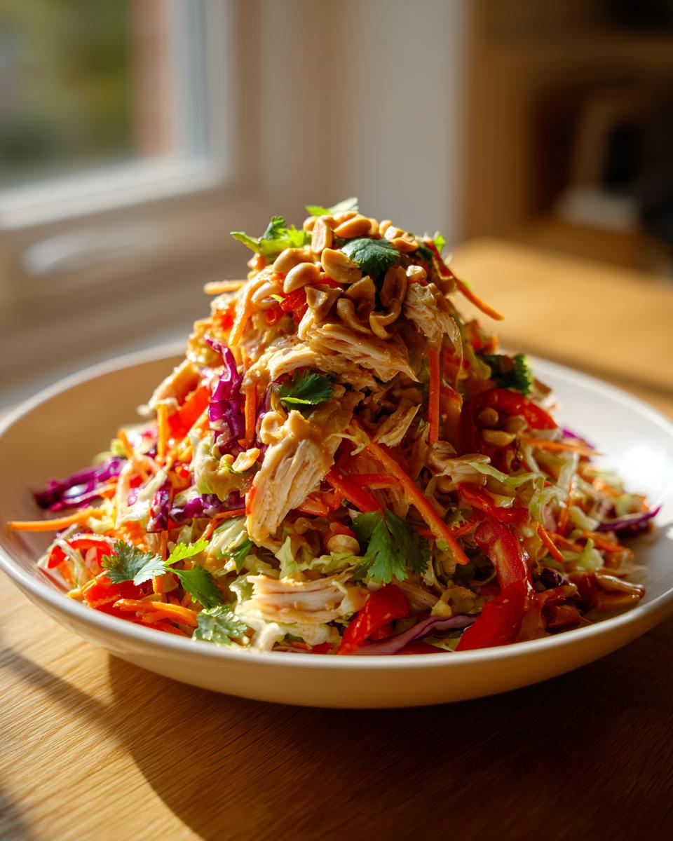 A tall mound of colorful thai chicken salad featuring shredded chicken, cabbage, carrots, and topped with peanuts.