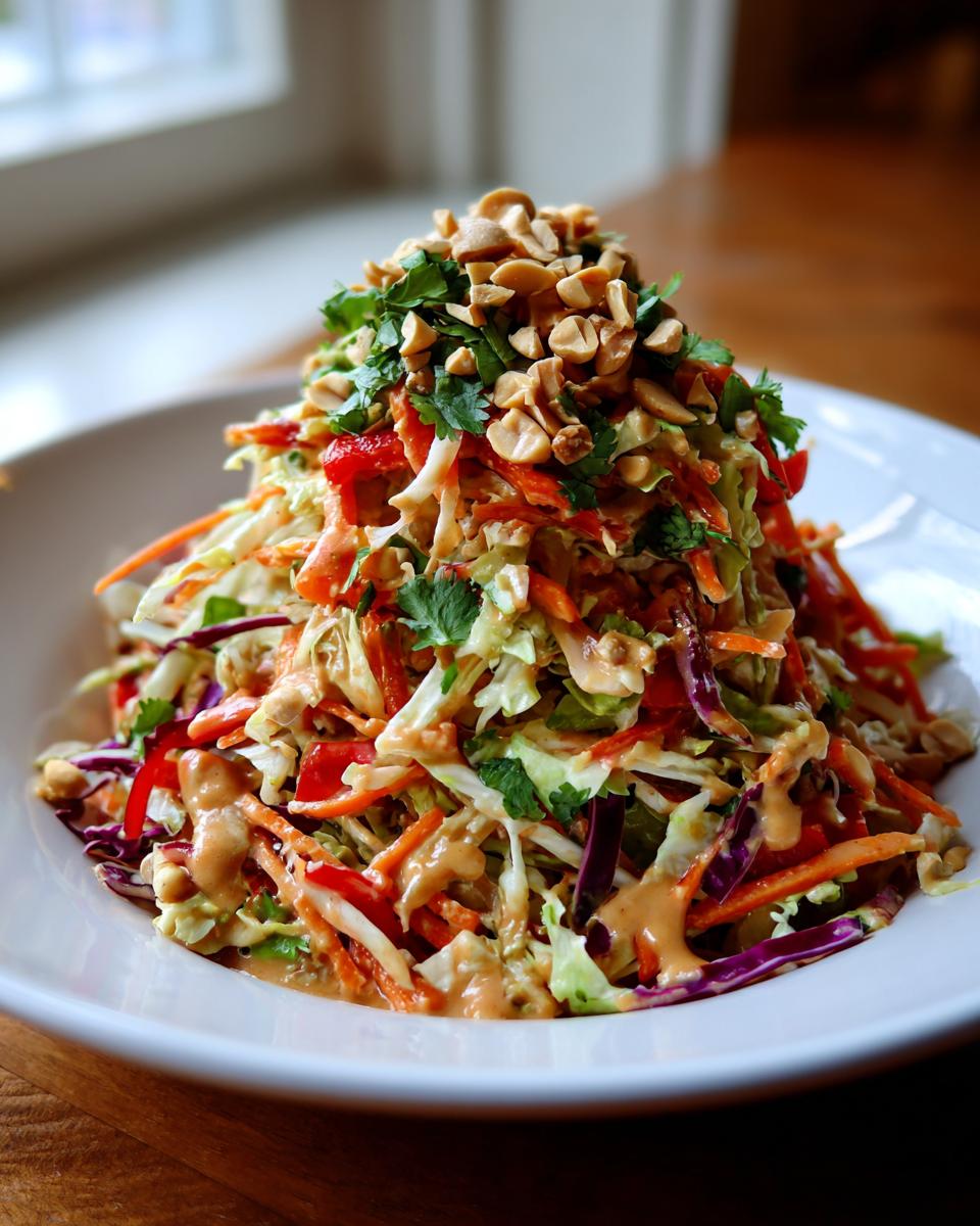 A vibrant mound of shredded cabbage, carrots, and peppers making up a thai chicken salad, drizzled with peanut sauce and topped with chopped peanuts.