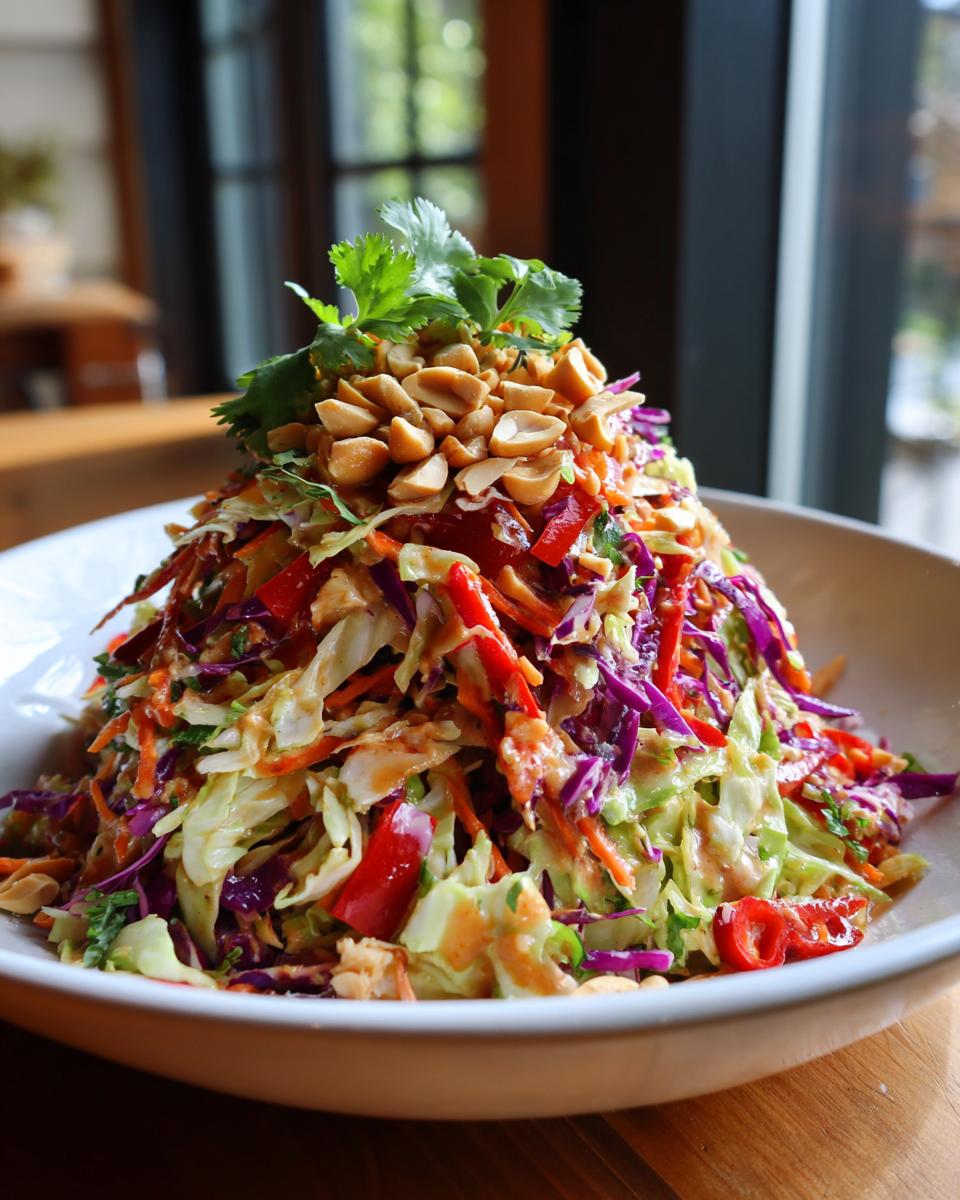 A tall mound of colorful Thai chicken salad featuring shredded cabbage, carrots, red peppers, and peanut dressing, topped with peanuts and cilantro.