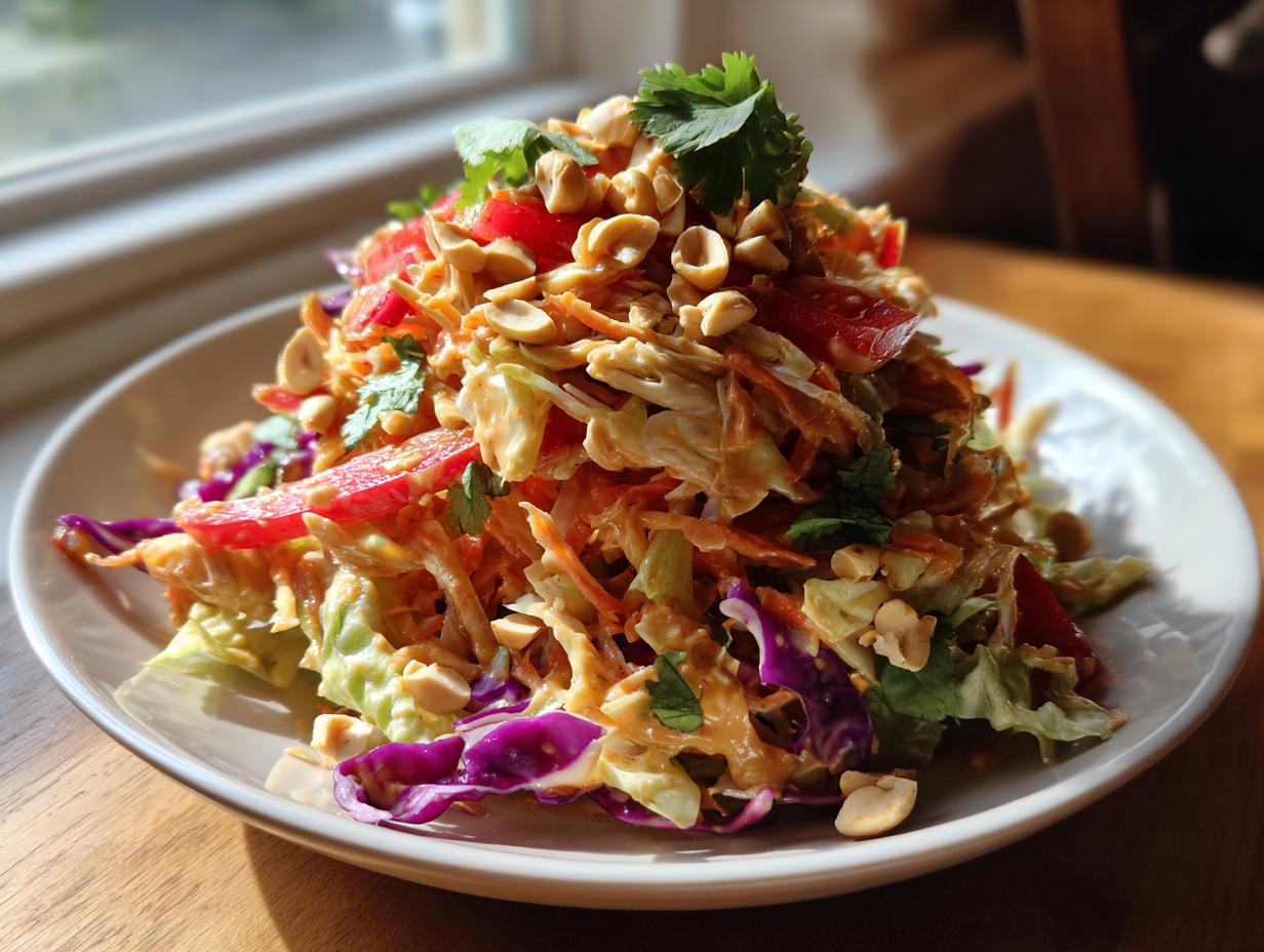 A colorful mound of Thai chicken salad featuring shredded cabbage, carrots, red peppers, and a peanut dressing, topped with crushed peanuts.