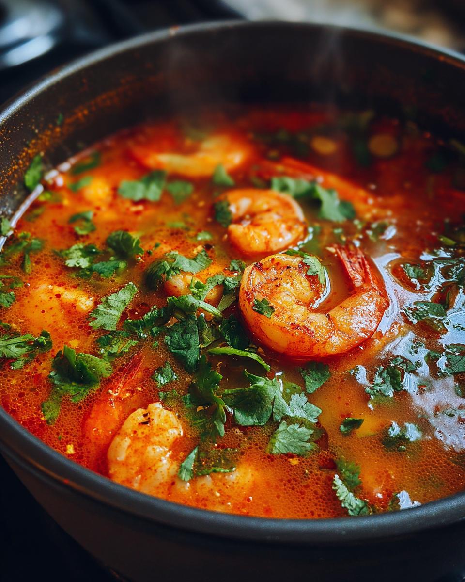 Close-up of vibrant red and orange tom yum soup filled with plump shrimp and fresh cilantro.